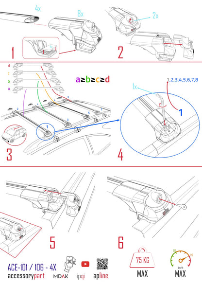 Kompatibel mit Citroen Berlingo (M59) 2003-2008 ACE-1 Dachgepäckträger, Reling, Gepäckträger, schwarzes Aluminium, 4 Stangen