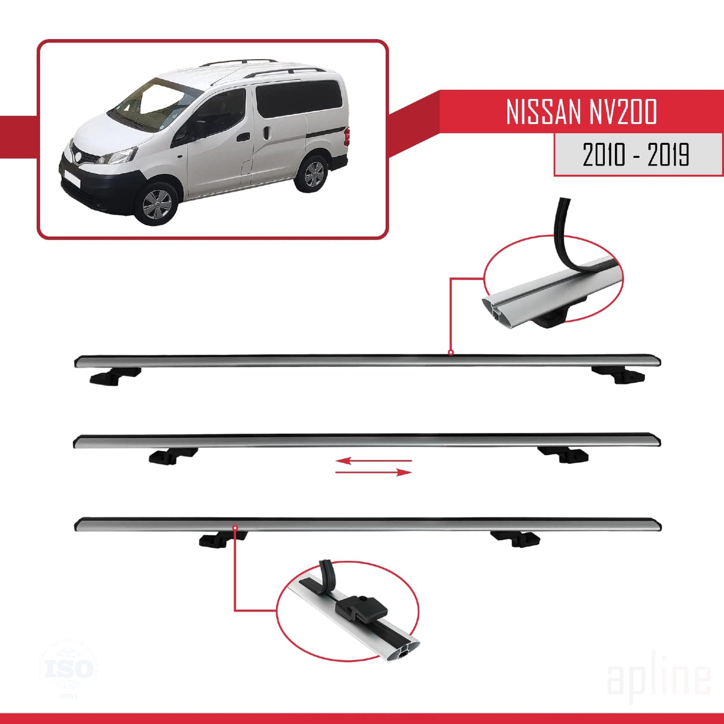 Compatible avec Nissan NV200 (M20) 2010-2019 Gri BASIC Model Barres de Toit Railing Porte-Bagages de Voiture Gris Aluminium 3 Barres