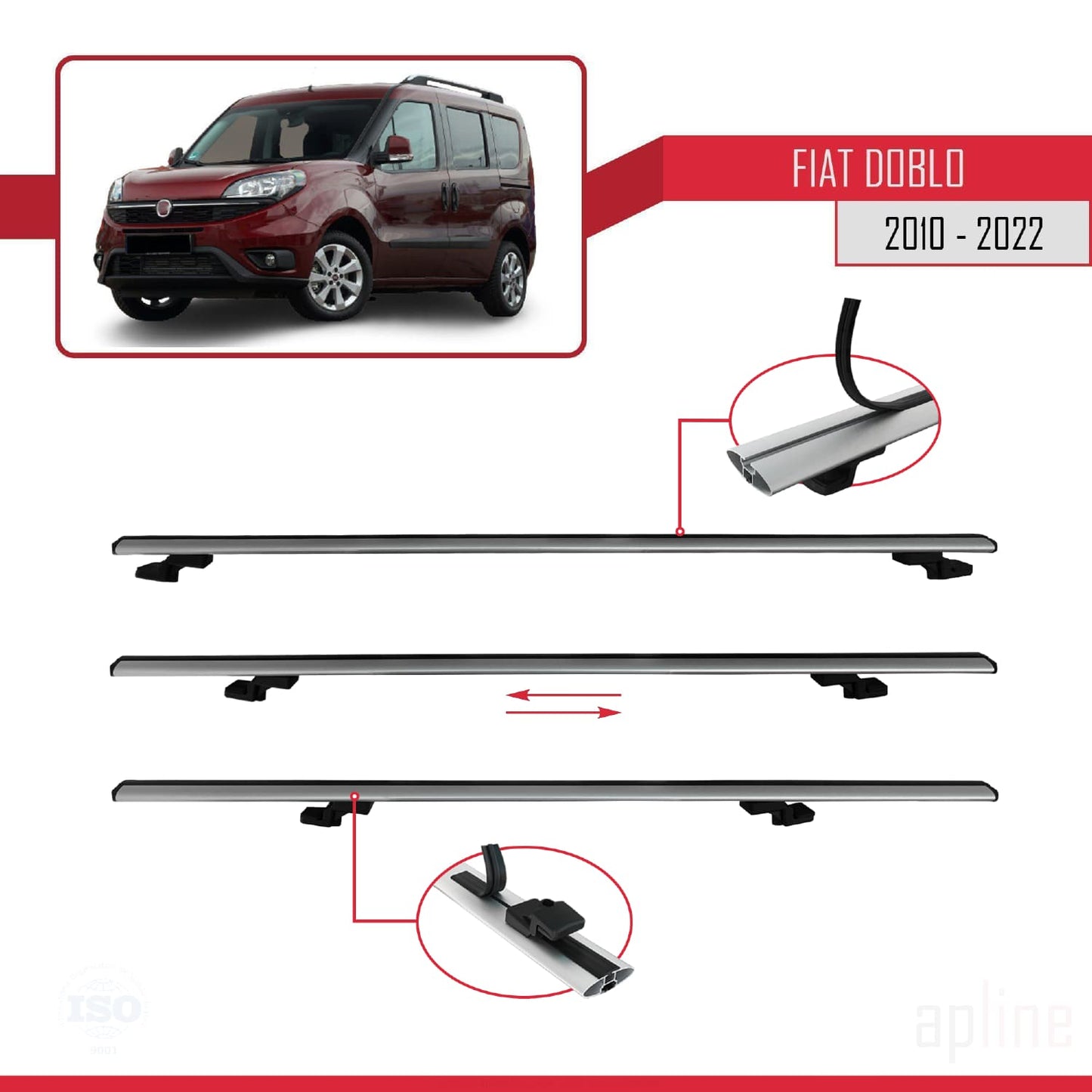 Compatible avec Fiat Doblo 2 2010-2022 BASIC Model Barres de Toit Railing Porte-Bagages de Voiture Gris Aluminium 3 Barres
