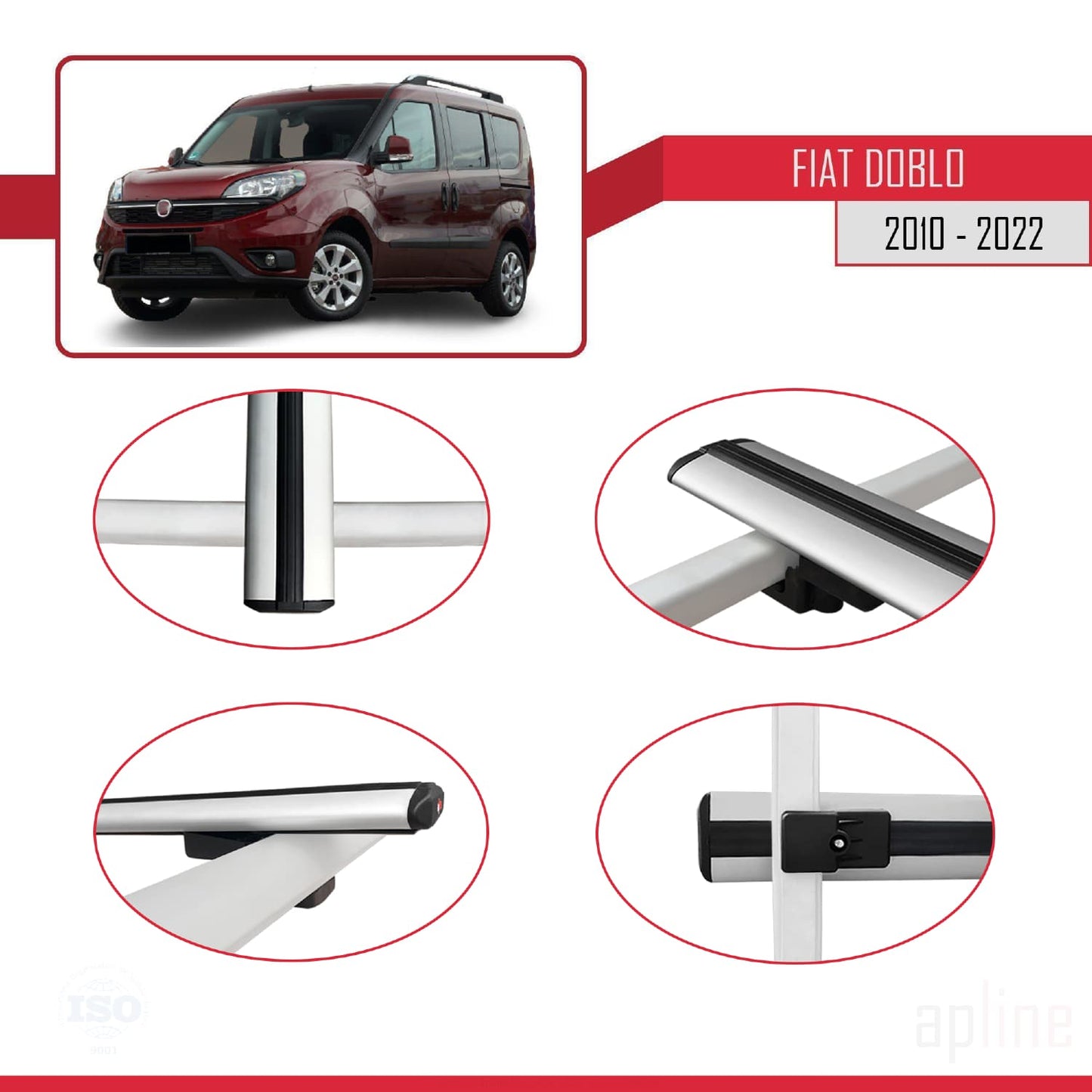 Kompatibel mit Fiat Doblo 2 2010-2022 Basismodell Dachgepäckträger, graues Aluminium, 2 Stangen