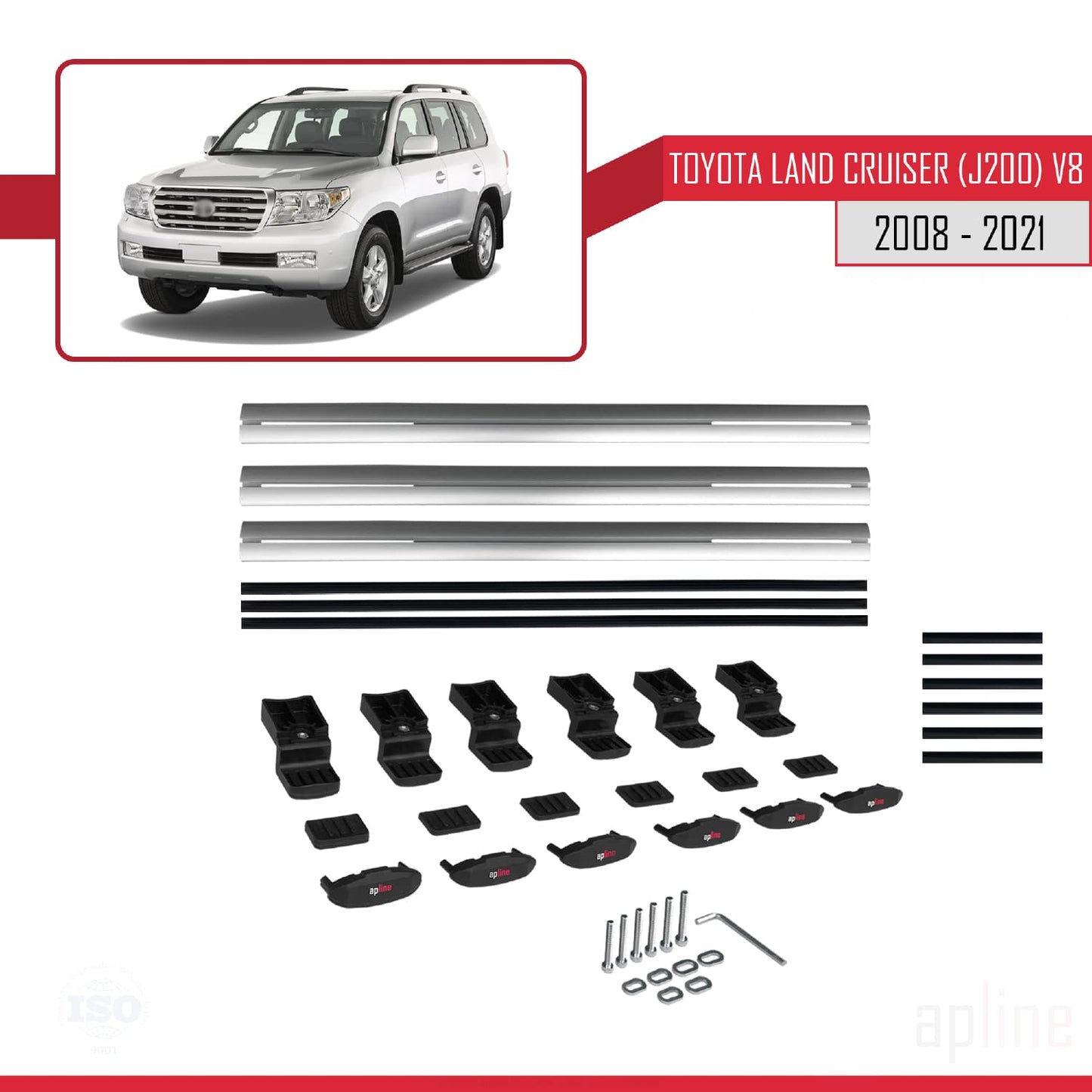 Compatible avec Toyota Land Cruiser V8 (J200) 2008-2021 BASIC Model Barres de Toit Railing Porte-Bagages de Voiture Gris Aluminium 3 Barres