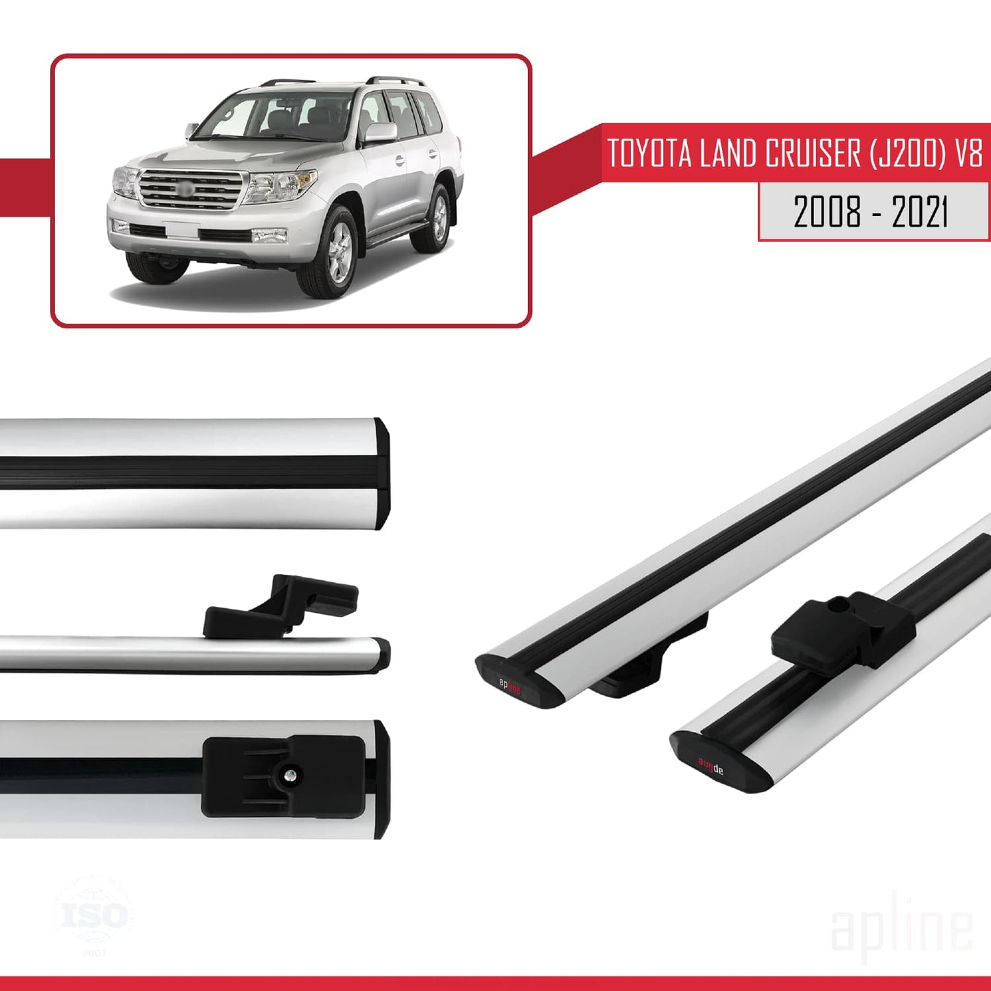 Compatible avec Toyota Land Cruiser V8 (J200) 2008-2021 BASIC Model Barres de Toit Railing Porte-Bagages de Voiture Gris Aluminium 2 Barres