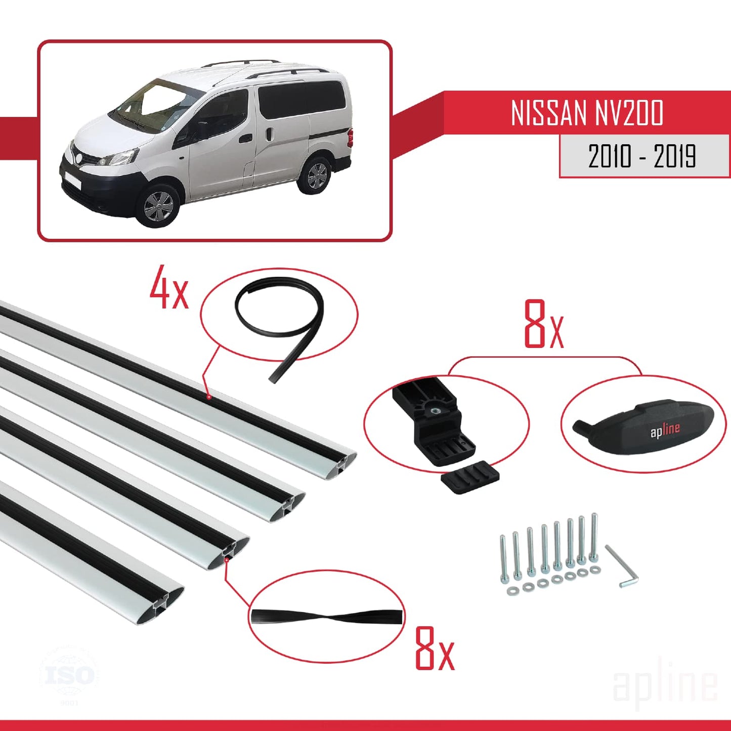 Compatible avec Nissan NV200 (M20) 2010-2019 Gri BASIC Model Barres de Toit Railing Porte-Bagages de Voiture Gris Aluminium 4 Barres