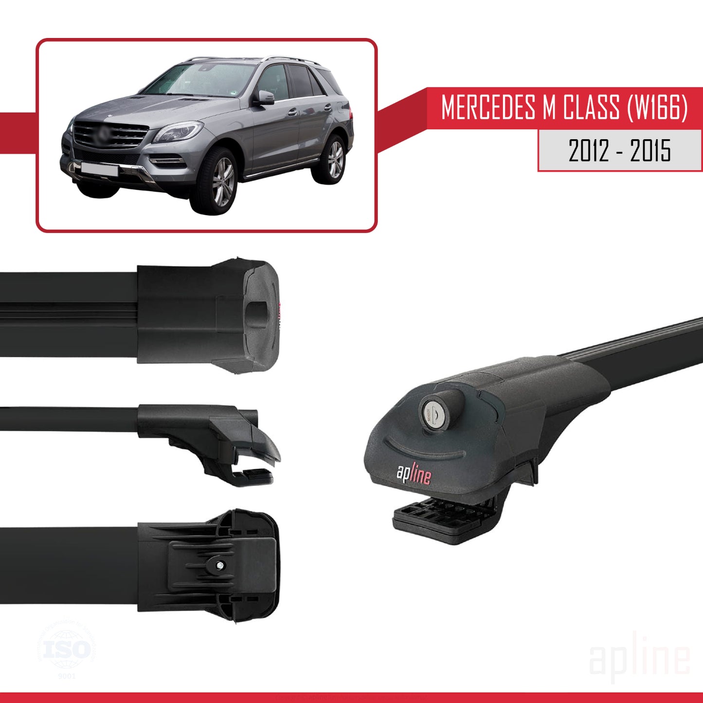 Compatible with Mercedes M Class 3 (W166) Pre-Facelift 2012-2015 ACE-1 Car Roof Rack Cross Bar Black Aluminium 3 Bars