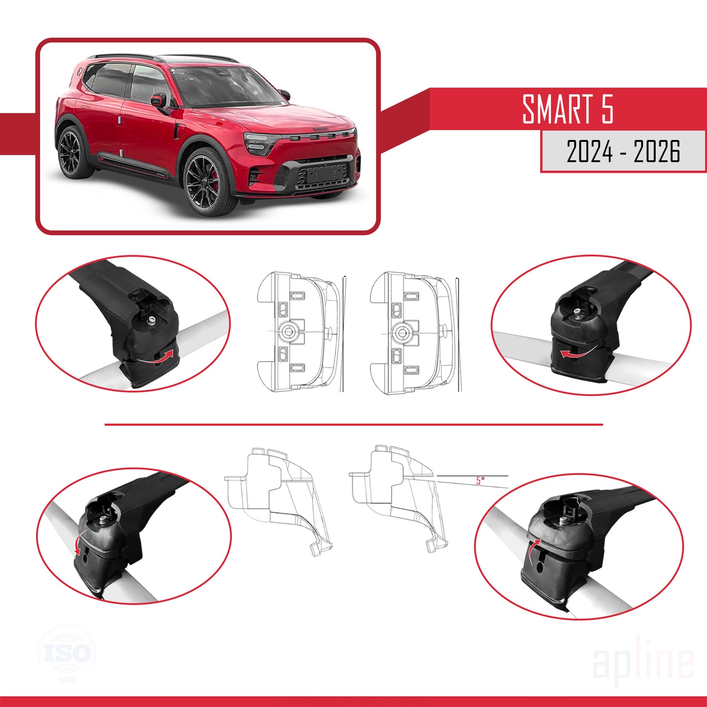 Compatible avec SMART #5 2024-2026 ACE-2 Barres de Toit Railing Porte-Bagages de Voiture Noir Aluminium 2 Barres