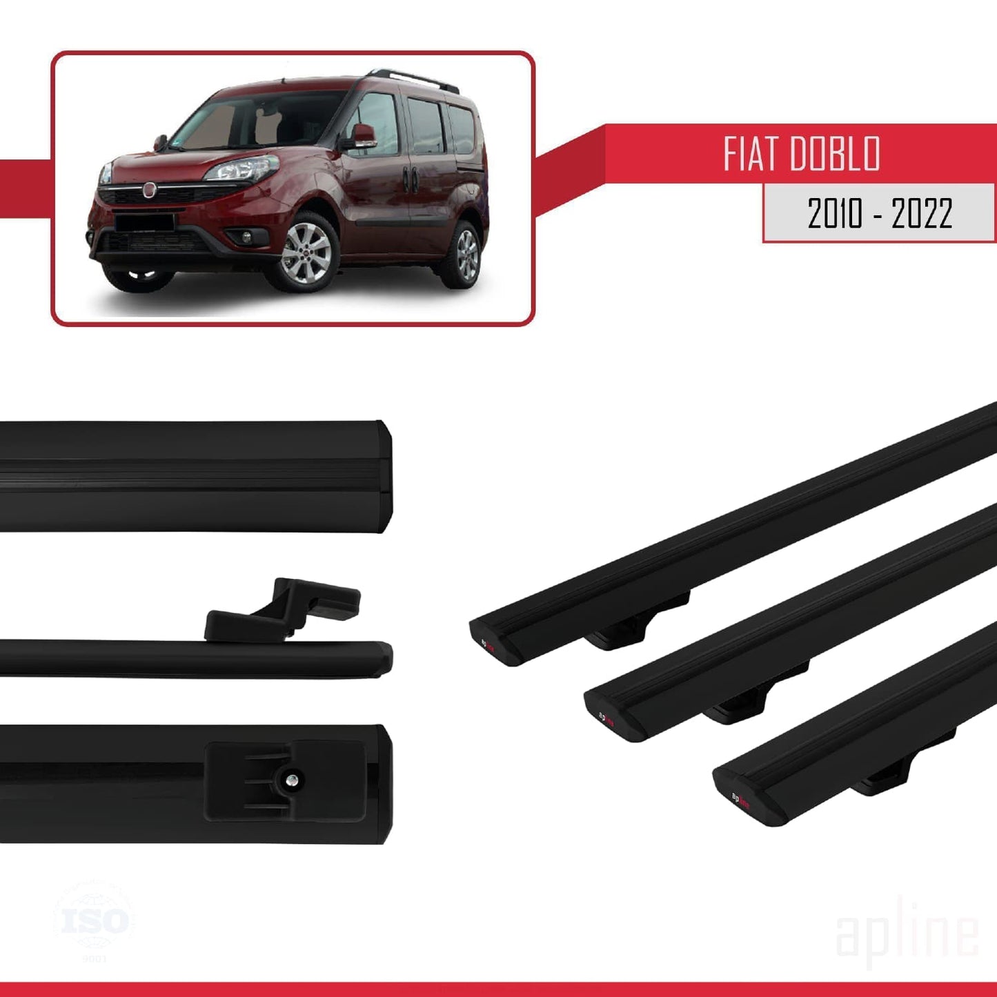 Kompatibel mit Fiat Doblo 2 2010-2022 Basismodell Dachgepäckträger, schwarzes Aluminium, 3-teilig