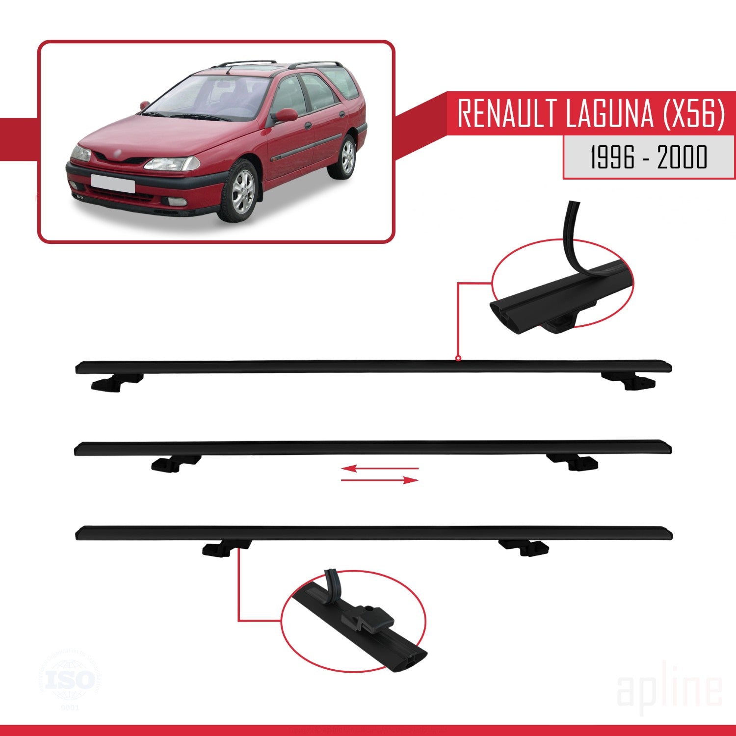 Compatible avec Renault Laguna (X56) 1996-200 BASIC Model Barres de Toit Railing Porte-Bagages de Voiture Noir Aluminium 3 Barres