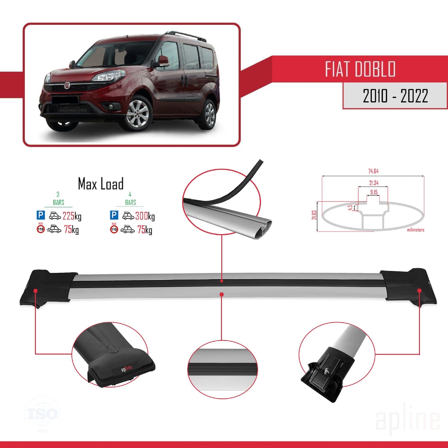 Kompatibel mit Fiat Doblo 2 2010-2022 FLY Modell Dachgepäckträger, graues Aluminium, 4 Stangen