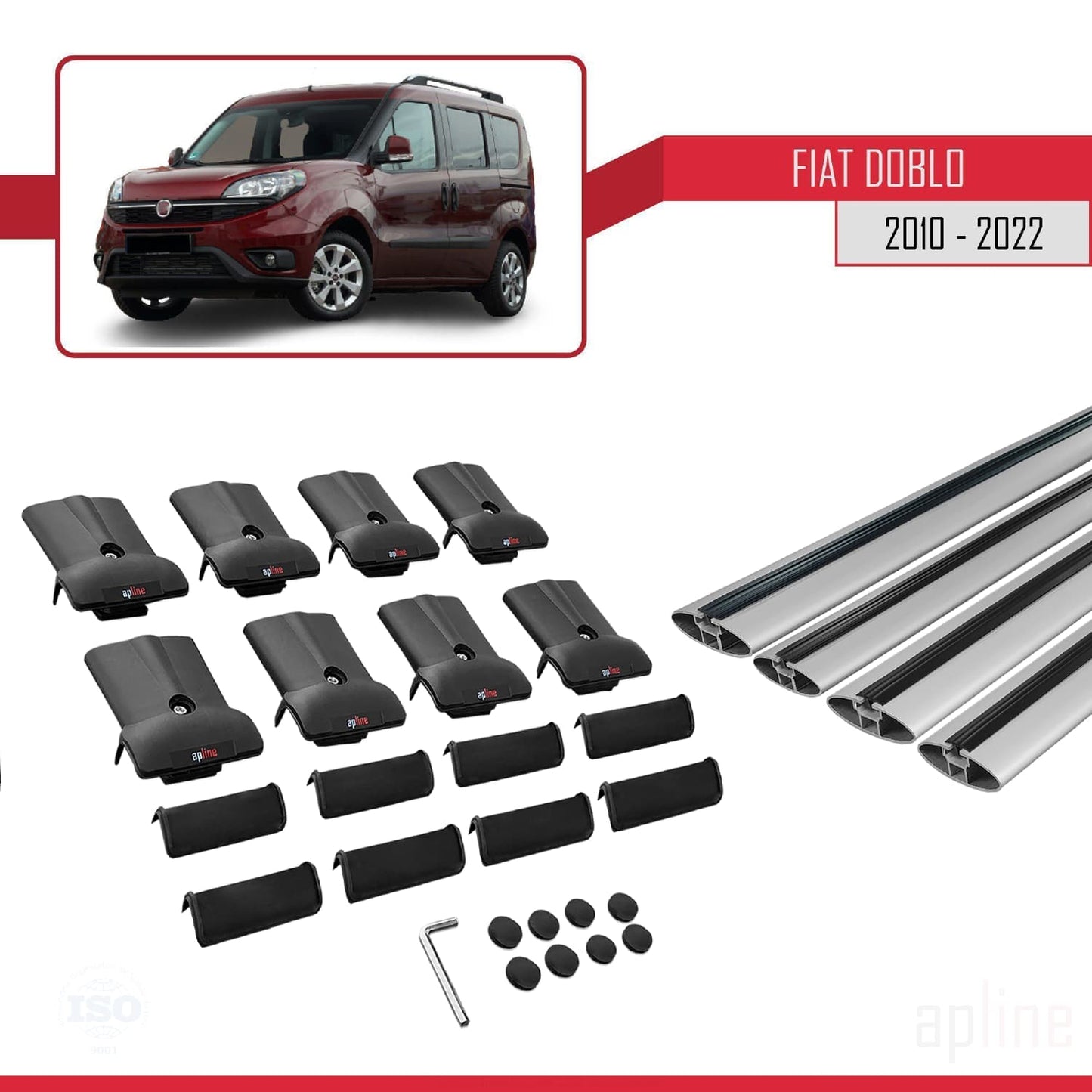 Kompatibel mit Fiat Doblo 2 2010-2022 FLY Modell Dachgepäckträger, graues Aluminium, 4 Stangen