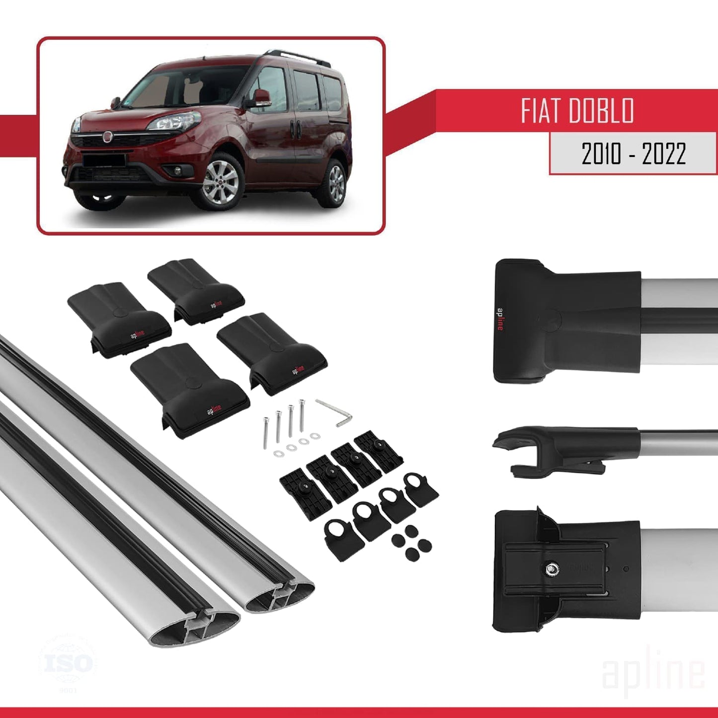 Kompatibel mit Fiat Doblo 2 2010-2022 FLY Modell Dachgepäckträger, graues Aluminium, 2 Stangen
