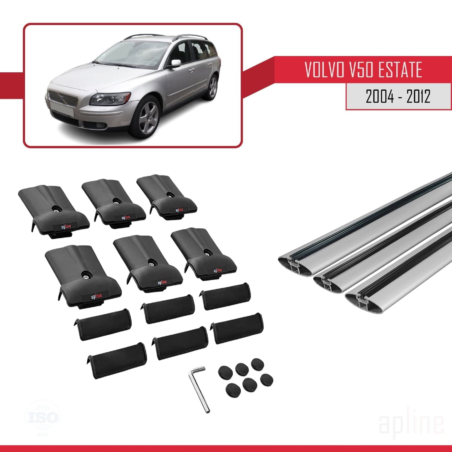 Compatible avec Volvo V50 2004-2012 FLY Model Barres de Toit Railing Porte-Bagages de Voiture Gris Aluminium 3 Barres