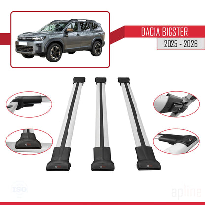 Compatible avec Dacia Bigster 2025-2026 FLY Model Barres de Toit Railing Porte-Bagages de Voiture Gris Aluminium 3 Barres