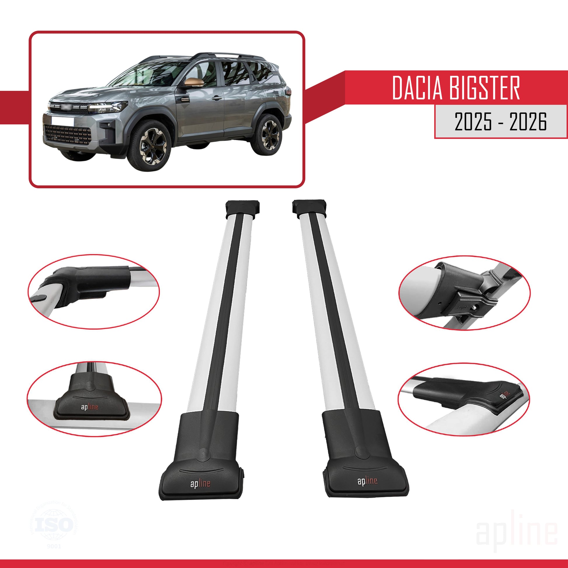 Compatible avec Dacia Bigster 2025-2026 FLY Model Barres de Toit Railing Porte-Bagages de Voiture Gris Aluminium 2 Barres