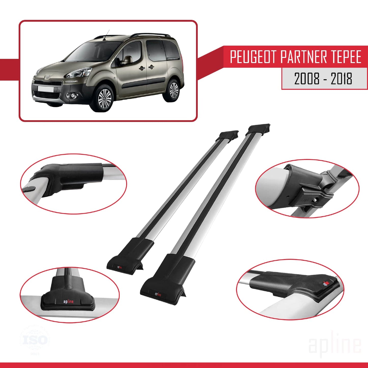 Compatible with Peugeot Partner 2 Tepee 2008-2018 FLY Model Car Roof Rack Cross Bar Grey Aluminium 2 Bars