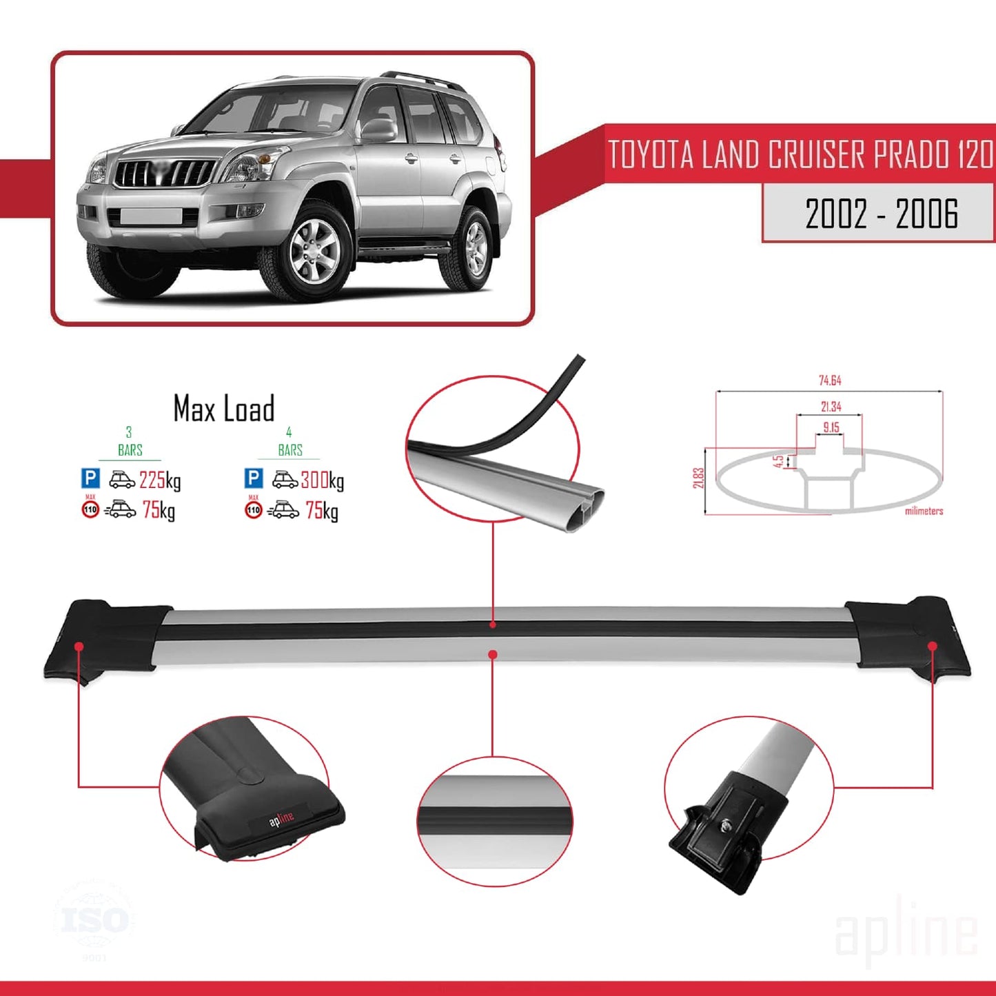 Compatible avec Toyota Land Cruiser Prado (J120) 2002-2006 FLY Model Barres de Toit Railing Porte-Bagages de Voiture Gris Aluminium 3 Barres