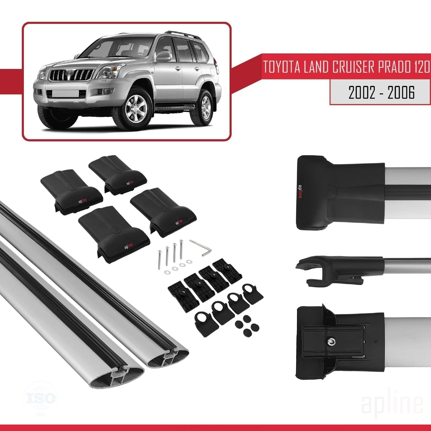 Compatible avec Toyota Land Cruiser Prado (J120) 2002-2006 FLY Model Barres de Toit Railing Porte-Bagages de Voiture Gris Aluminium 2 Barres