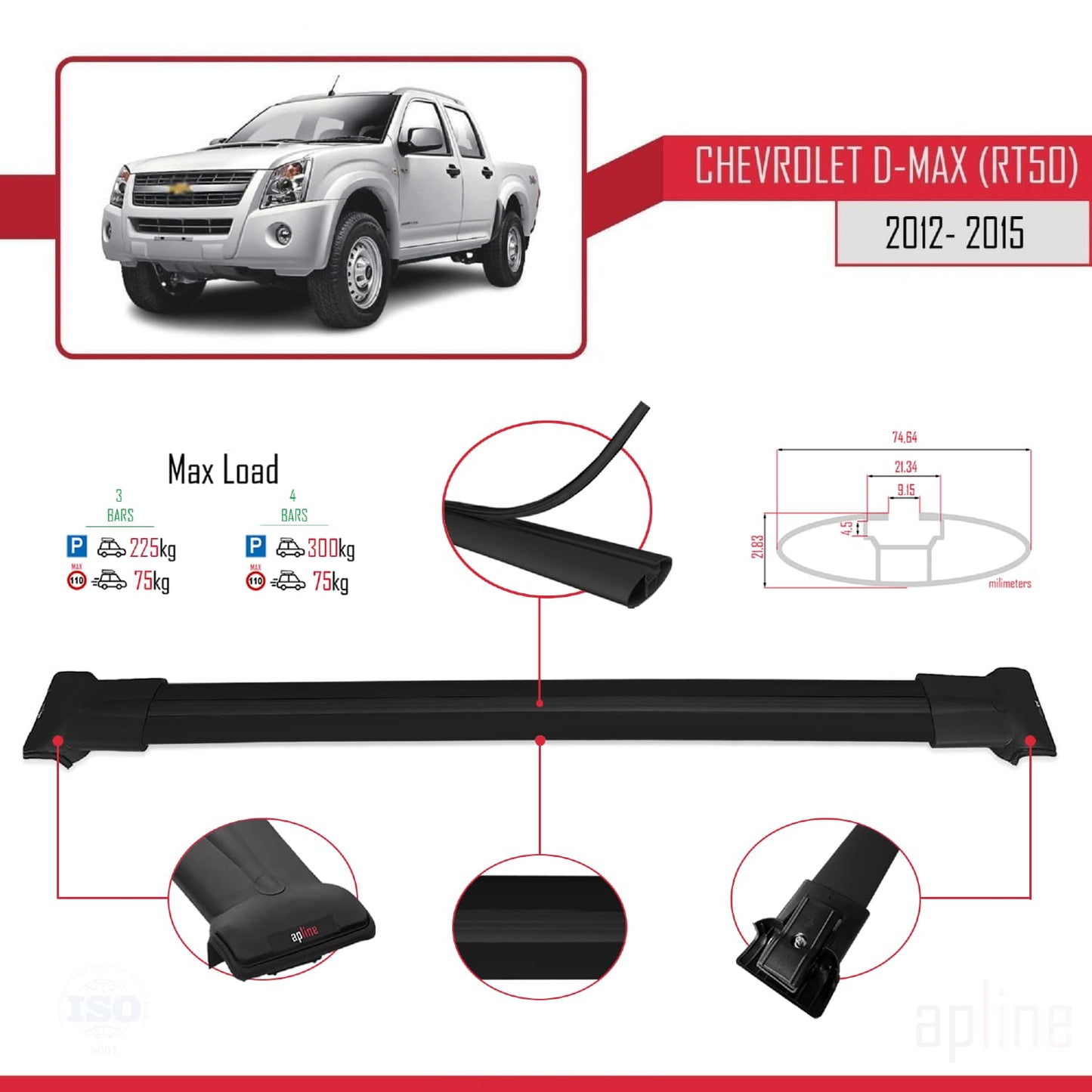 Kompatibel mit Chevrolet D-Max (RT50) 2012-2015 FLY Modell Dachgepäckträger, schwarzes Aluminium, 3 Stangen
