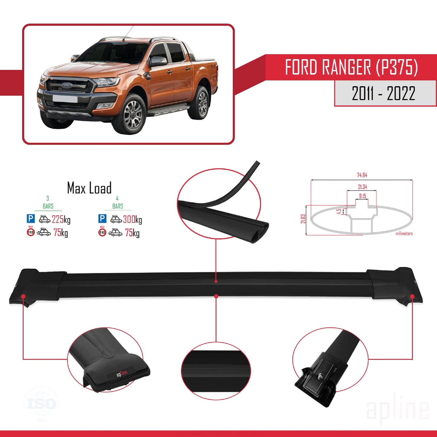 Compatible avec Ford Ranger (P375) 2011-2022 FLY Model Barres de Toit Railing Porte-Bagages de Voiture Noir Aluminium 3 Barres