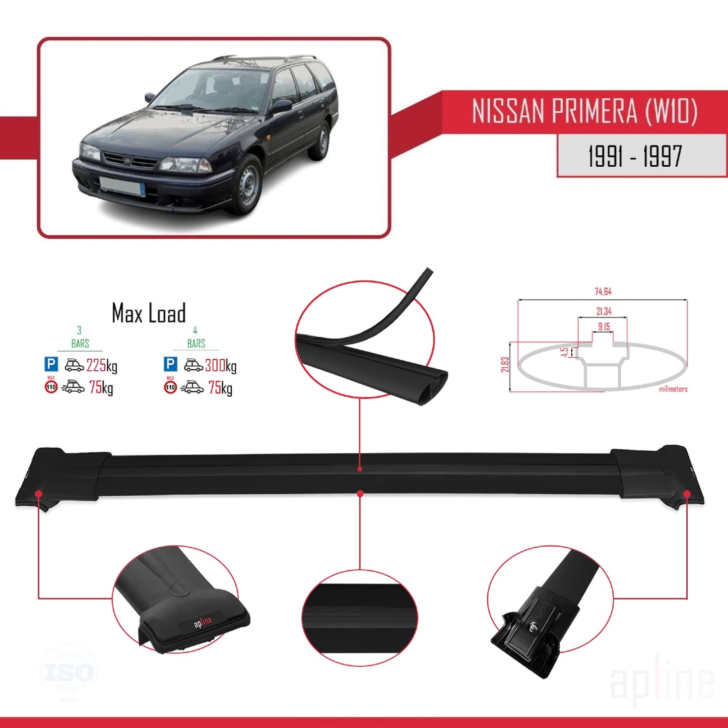 Compatible avec Nissan Primera (W10) Traveller 1991-1997 FLY Model Barres de Toit Railing Porte-Bagages de Voiture Noir Aluminium 3 Barres