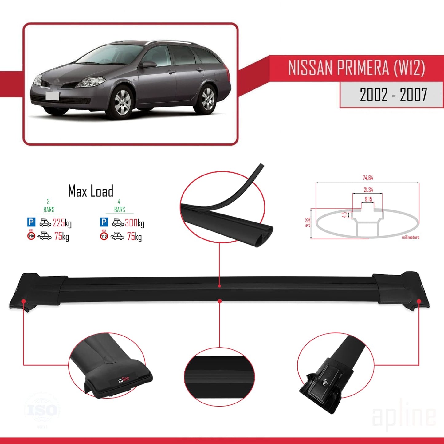 Compatible with Nissan Primera 3 (W12) Traveller 2002-2007 FLY Model Car Roof Rack Cross Bar Black Aluminium 3 Bars