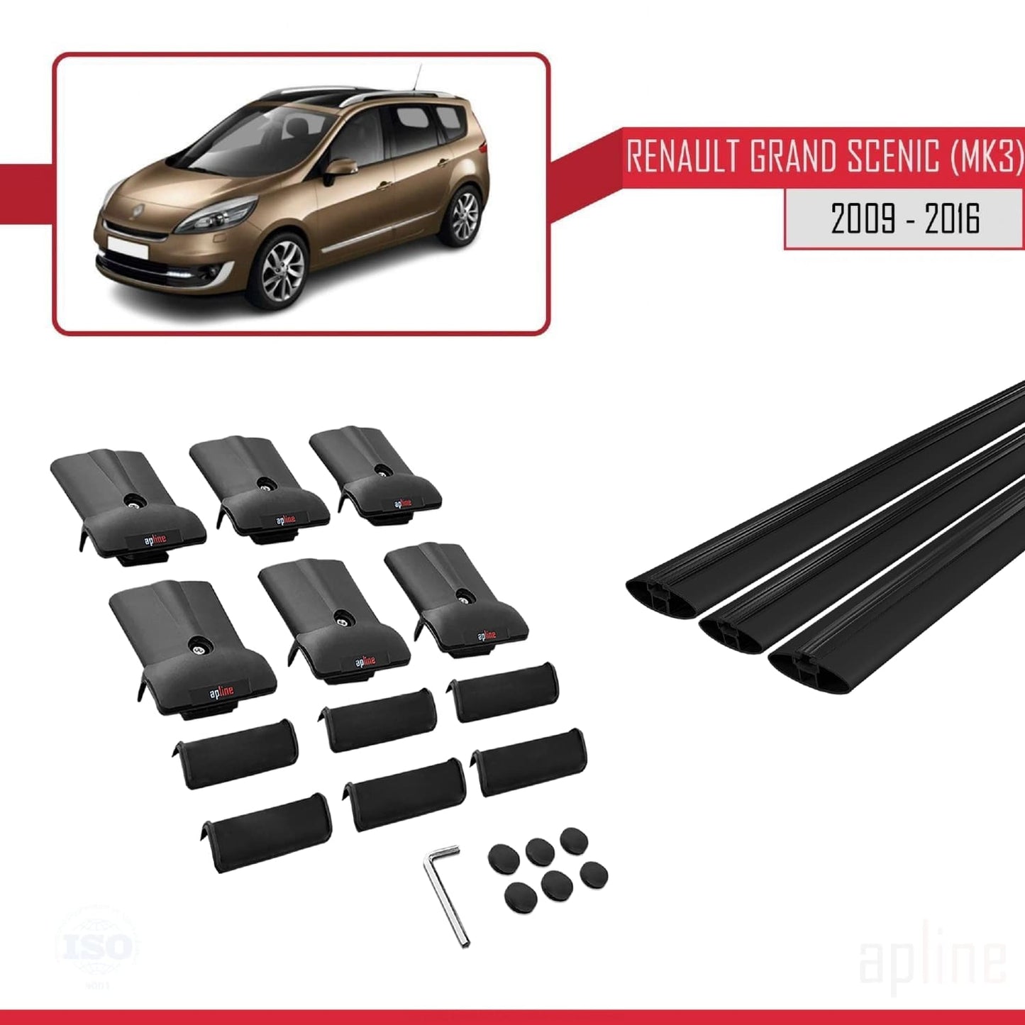 Compatible with Renault Grand Scenic 3 2009-2016 FLY Model Car Roof Rack Cross Bar Black Aluminium 3 Bars