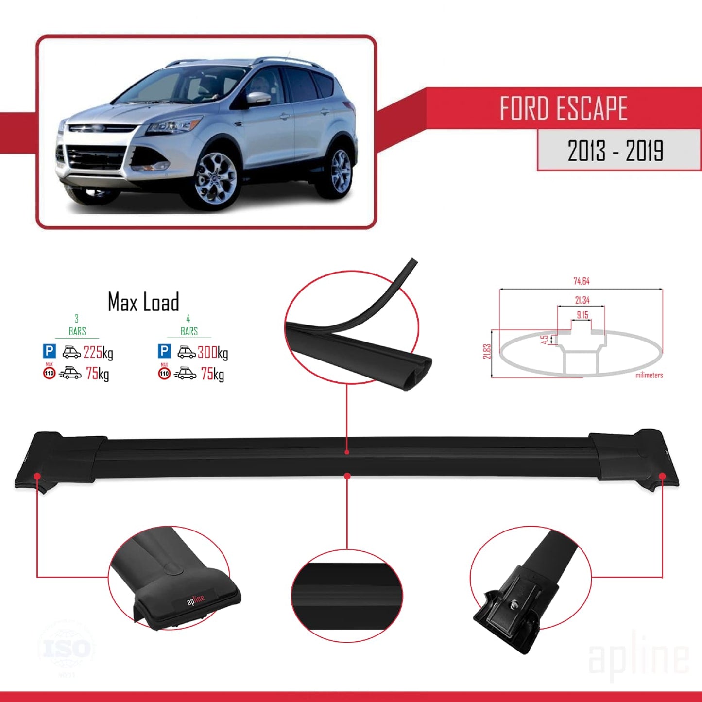 Compatible with Ford Escape 3 2013-2019 FLY Model Car Roof Rack Cross Bar Black Aluminium 3 Bars