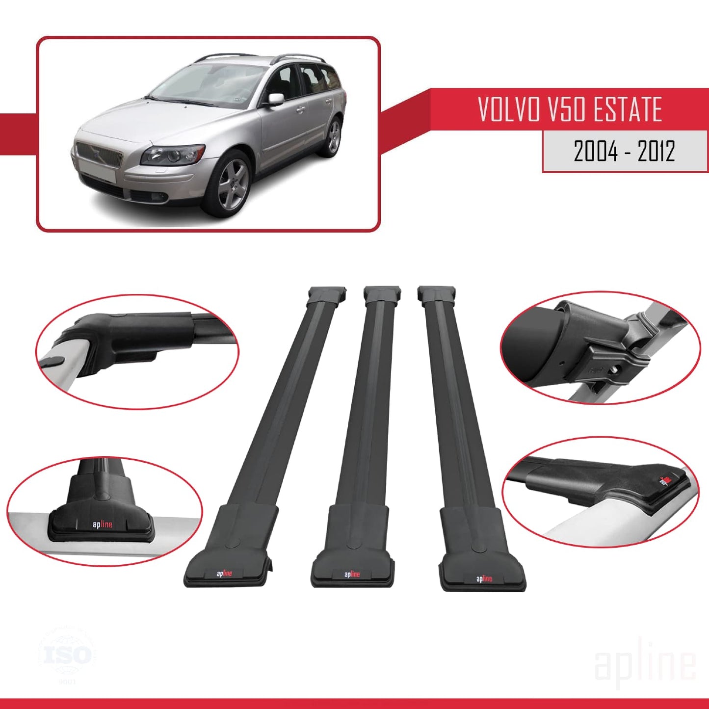 Kompatibel mit Volvo V50 2004-2012 FLY Model Relingträger Dachträger Auto Gepäckträger Schwarz Aluminium 3 Stangen