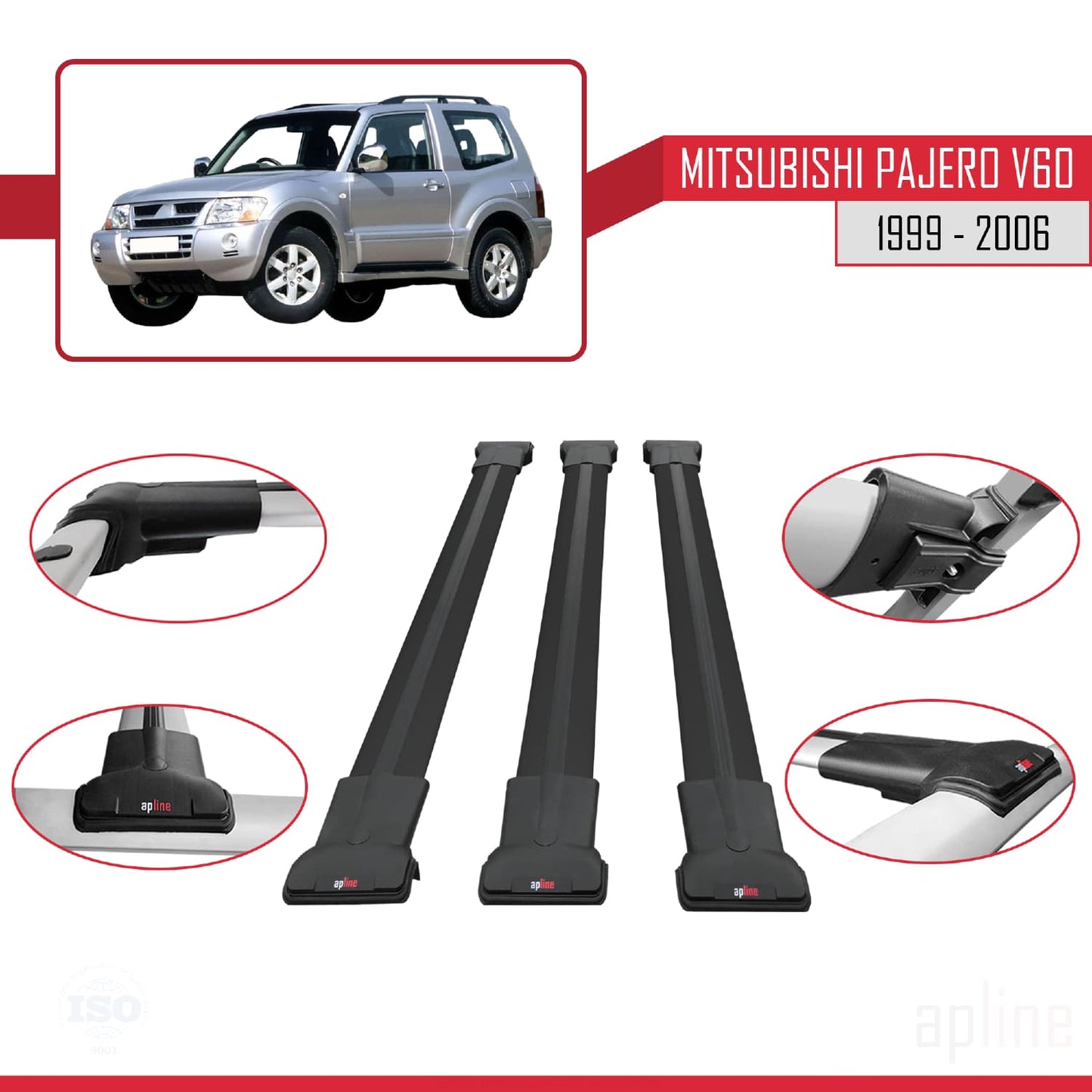 Compatible with Mitsubishi Pajero (V60) 3 Kapı 1999-2006 FLY Model Car Roof Rack Cross Bar Black Aluminium 3 Bars