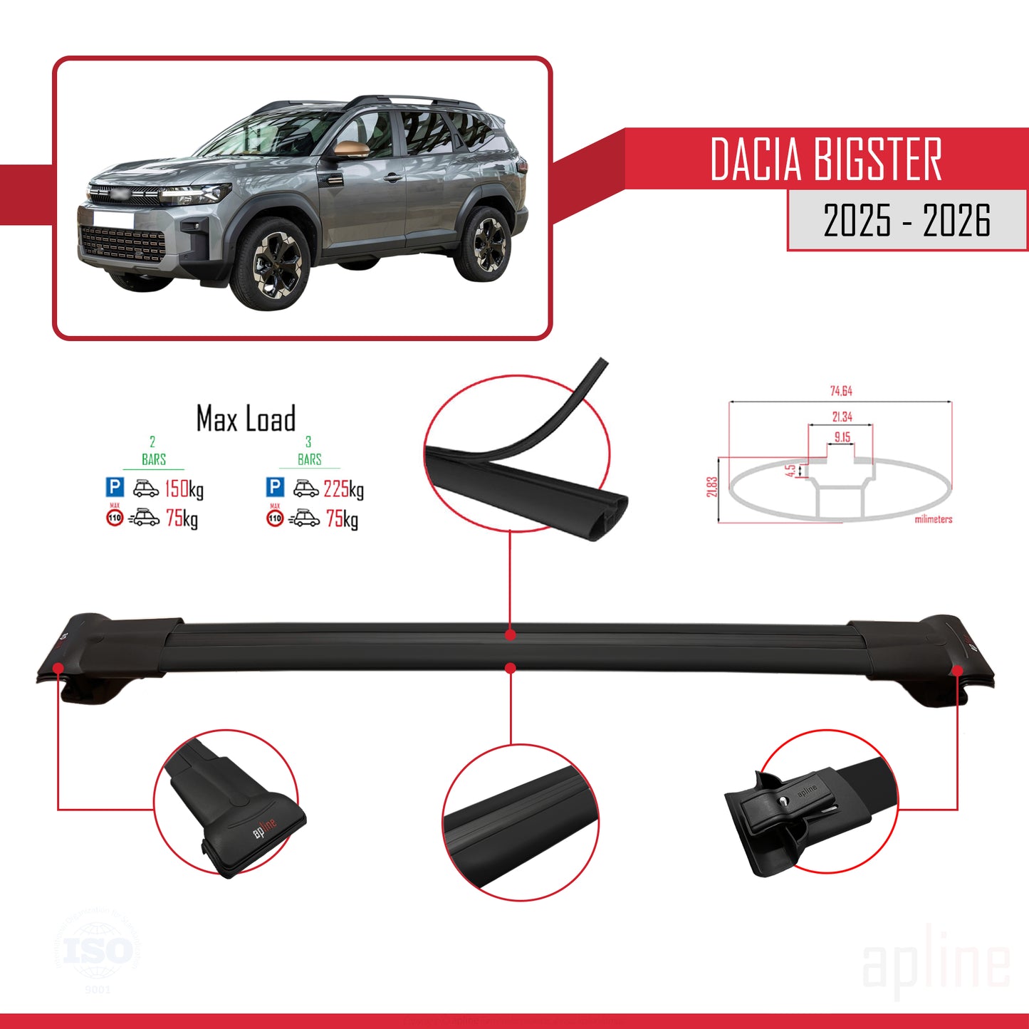 Compatible avec Dacia Bigster 2025-2026 FLY Model Barres de Toit Railing Porte-Bagages de Voiture Noir Aluminium 2 Barres