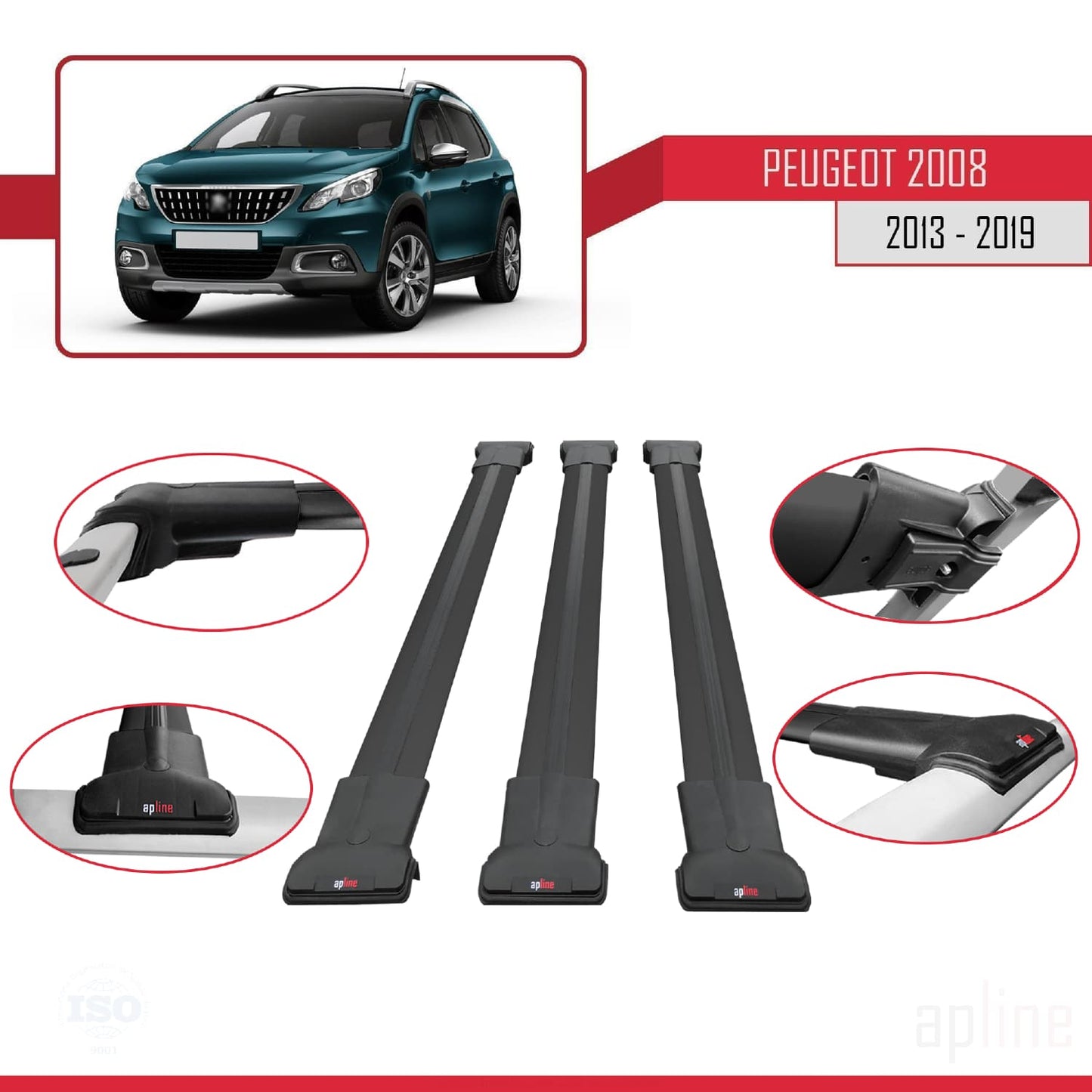 Compatible avec Peugeot 2008 (A94) 2013-2019 FLY Model Barres de Toit Railing Porte-Bagages de Voiture Noir Aluminium 3 Barres