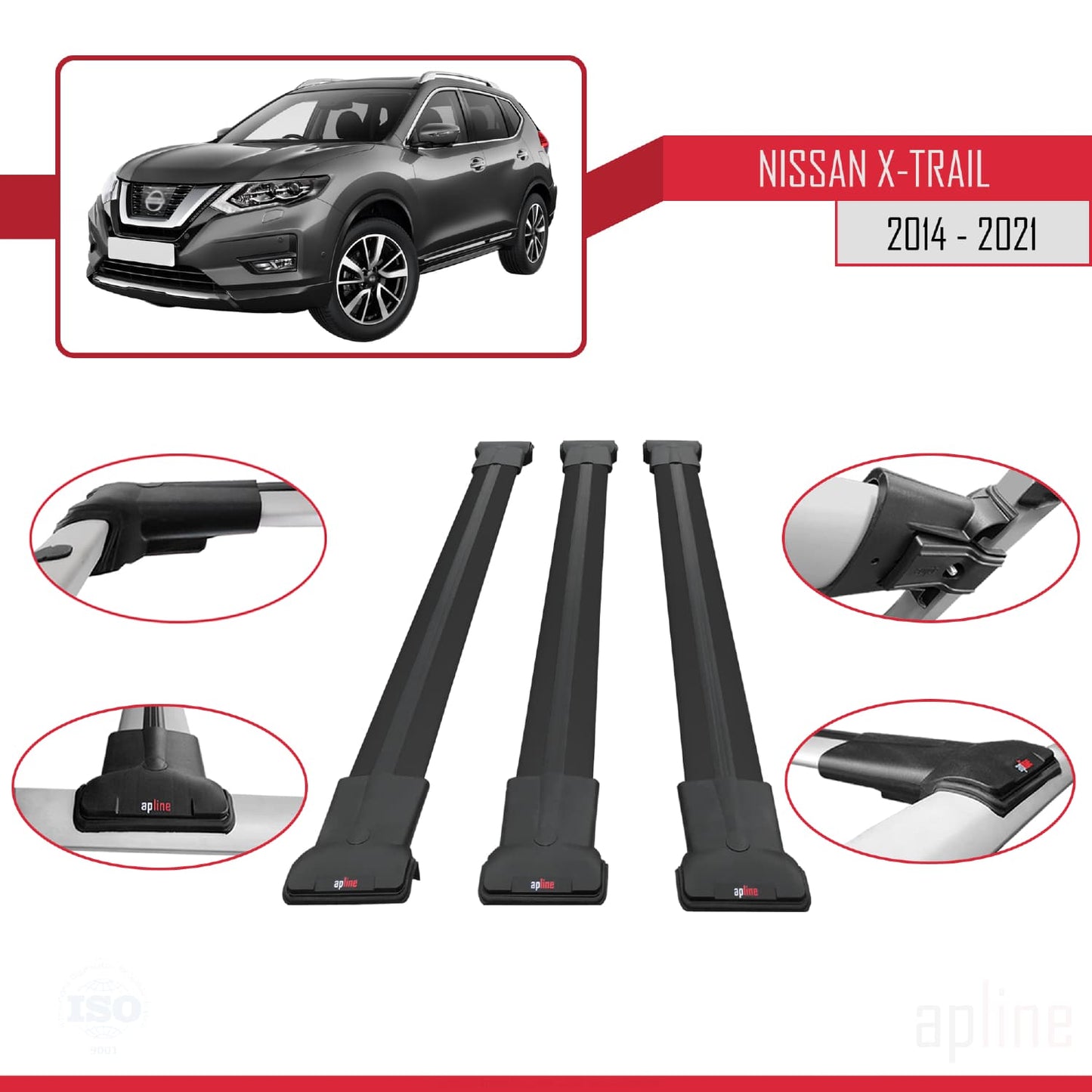 Compatible avec Nissan X-Trail 3 (T32) 2014-2021 FLY Model Barres de Toit Railing Porte-Bagages de Voiture Noir Aluminium 3 Barres