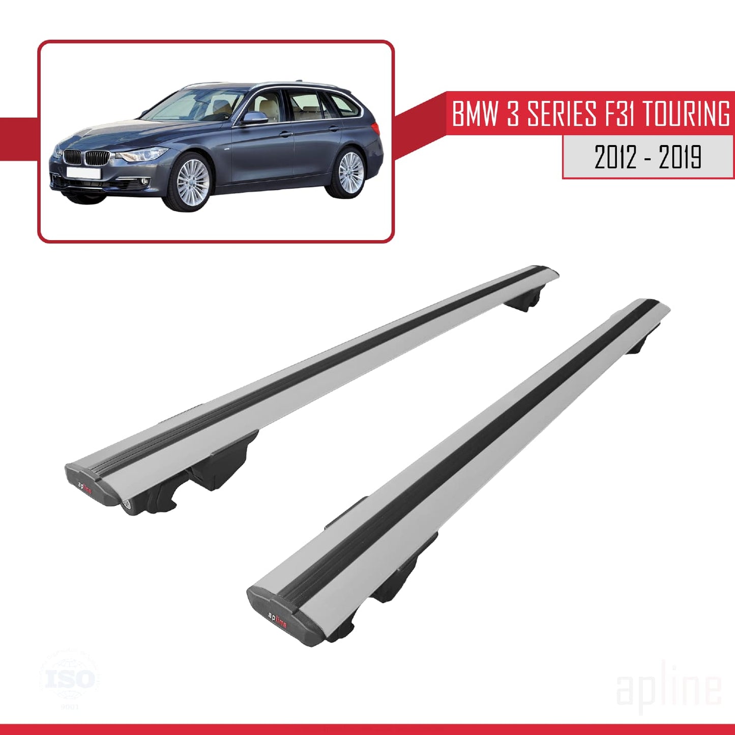 Kompatibel mit BMW 3er (F31) Touring 2012-2019 HOOK Modell Dachgepäckträger Graues Aluminium 2 Stangen