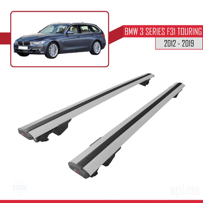 Kompatibel mit BMW 3er (F31) Touring 2012-2019 HOOK Modell Dachgepäckträger Graues Aluminium 2 Stangen