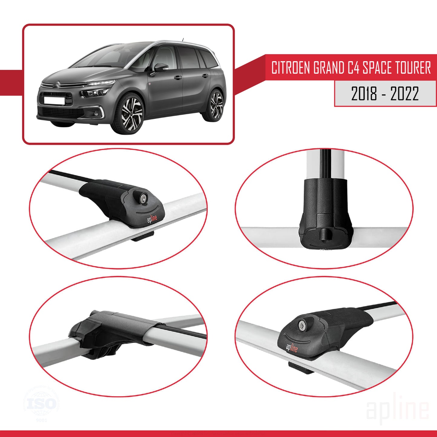 Compatible avec Citroen Grand C4 Space Tourer 2018-2022 ACE-1 Barres de Toit Railing Porte-Bagages de Voiture Gris Aluminium 2 Barres