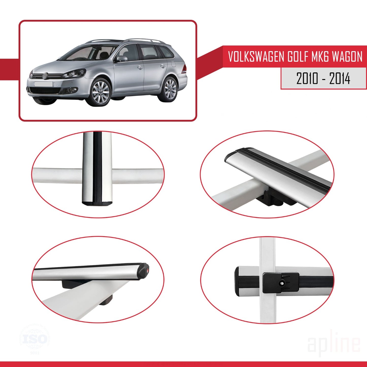 Compatible avec VW Golf Mk6 Wagon 2010-2014 BASIC Model Barres de Toit Railing Porte-Bagages de Voiture Gris Aluminium 2 Barres