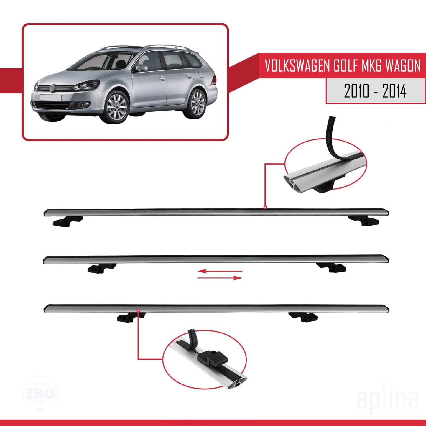 Compatible avec VW Golf Mk6 Wagon 2010-2014 BASIC Model Barres de Toit Railing Porte-Bagages de Voiture Gris Aluminium 2 Barres