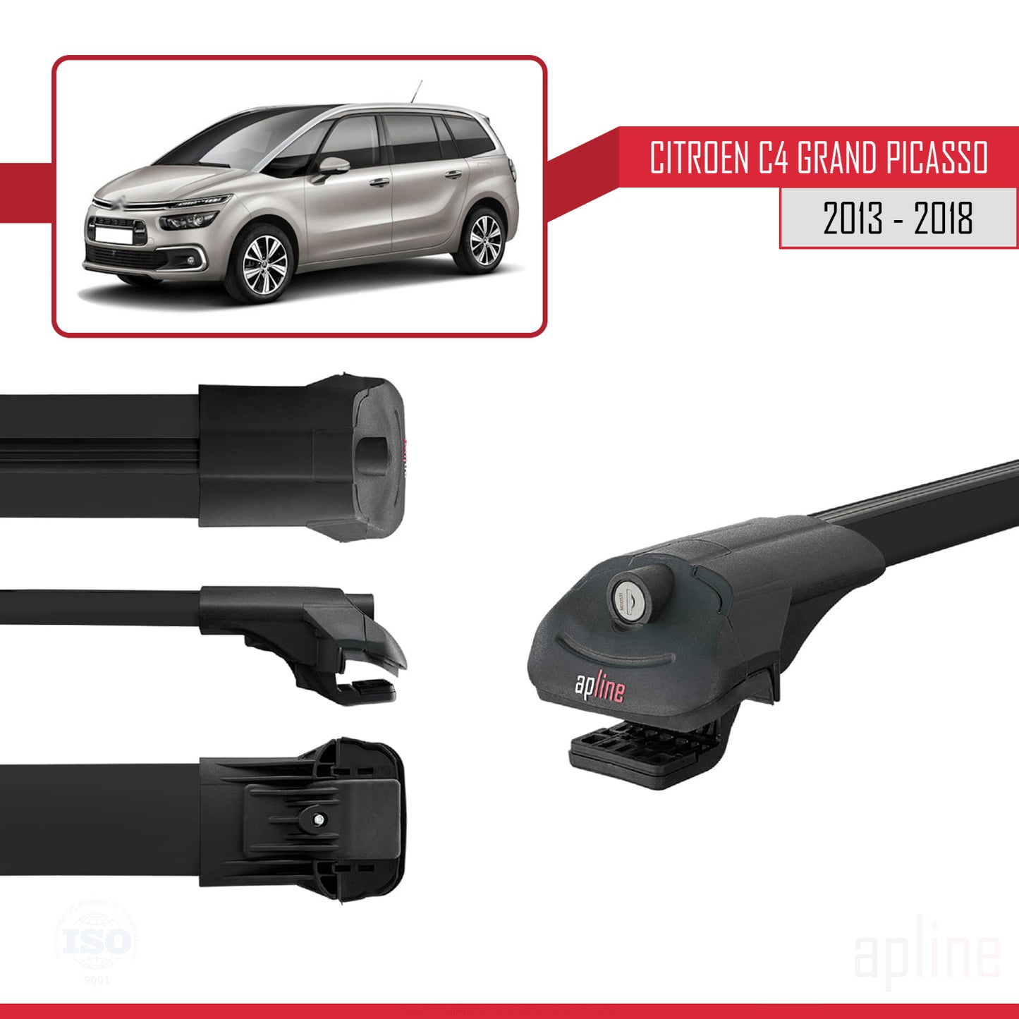 Kompatibel mit Citroen C4 Grand Picasso 2013-2018 ACE-1 Dachgepäckträger, Reling, Gepäckträger, schwarzes Aluminium, 2 Stangen