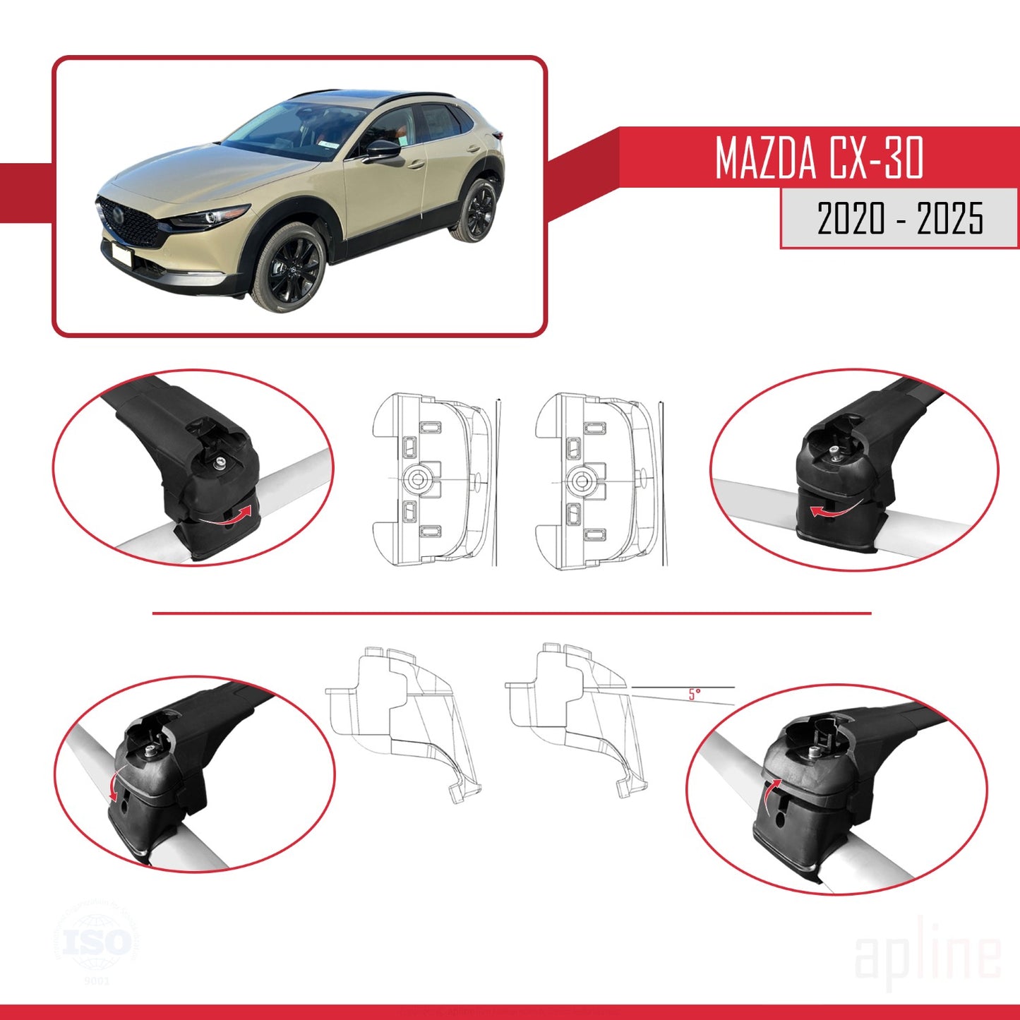 Compatible avec Mazda CX-30 2020-2025 ACE-2 Barres de Toit Railing Porte-Bagages de Voiture Noir Aluminium 2 Barres