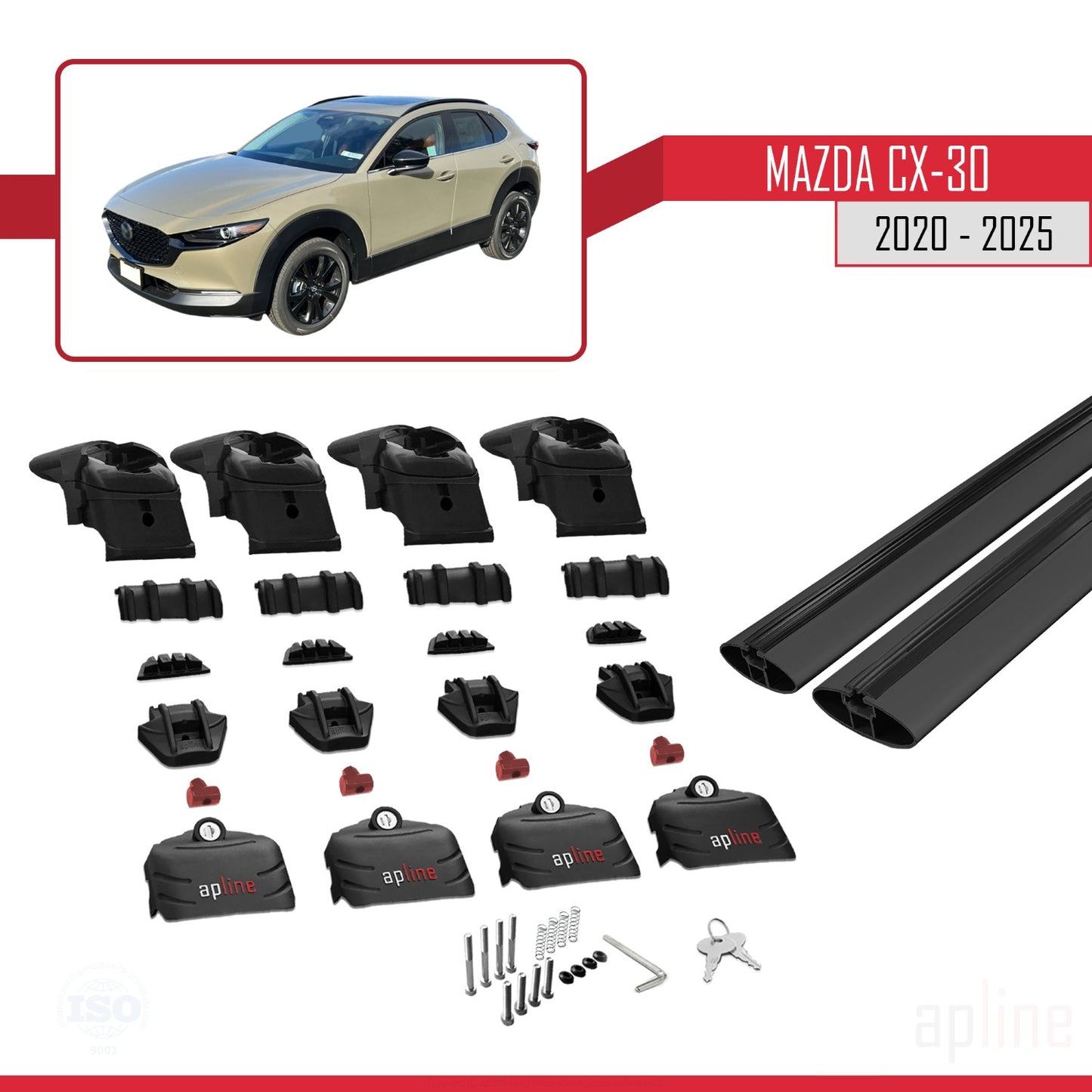 Compatible avec Mazda CX-30 2020-2025 ACE-2 Barres de Toit Railing Porte-Bagages de Voiture Noir Aluminium 2 Barres